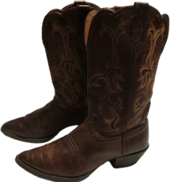 Justin Boots Shoes - JUSTIN BOOTS-Vintage Brown Leather Embroidered Design Ladies Cowboy Boots Sz 8.5